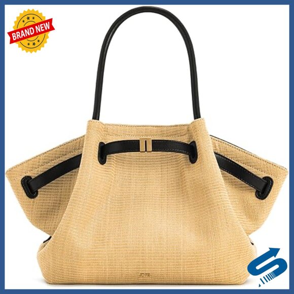 Handbags - Medium Tote Bag with Gold Hardware, Artificial Raffia, Shoulder Strap